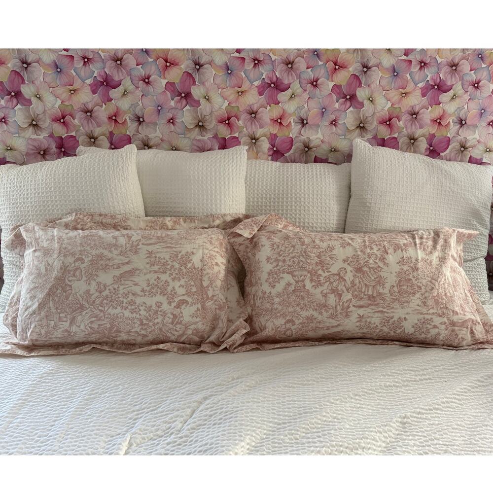 Foxford Pink Toile Cottagecore Cotton Pillow Covers Pair Set 2 King Shams 35 x24